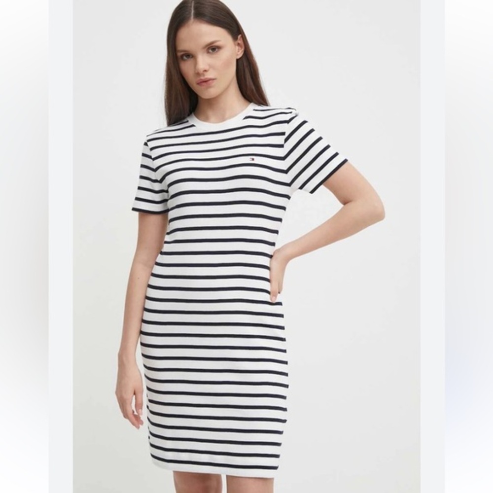 Tommy Hilfiger White & Blue Stripped Crewneck Jersey Dress Short Sleeve Midi